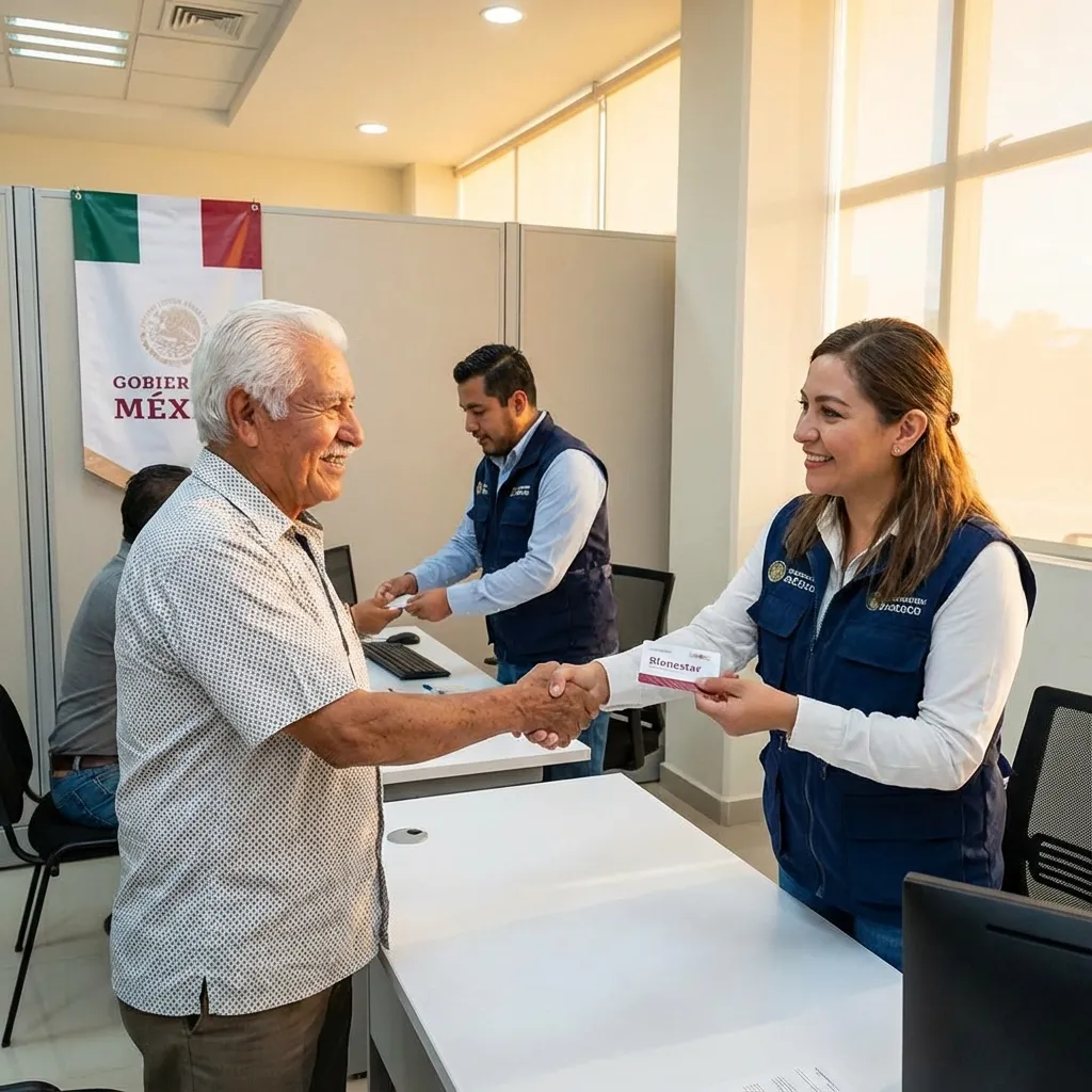 Adulto mayor recibiendo Tarjeta Bienestar