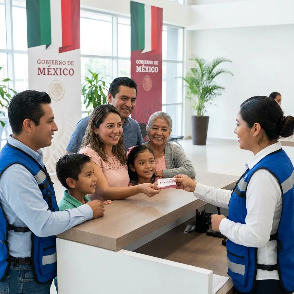 Familia mexicana recibiendo Tarjeta Bienestar en módulo