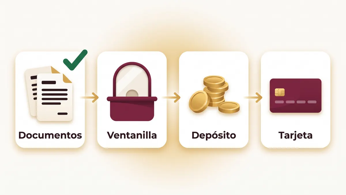 Cuatro pasos para abrir la Cuentahorro: documentos con palomita verde, ventanilla, depósito de monedas y tarjeta guinda