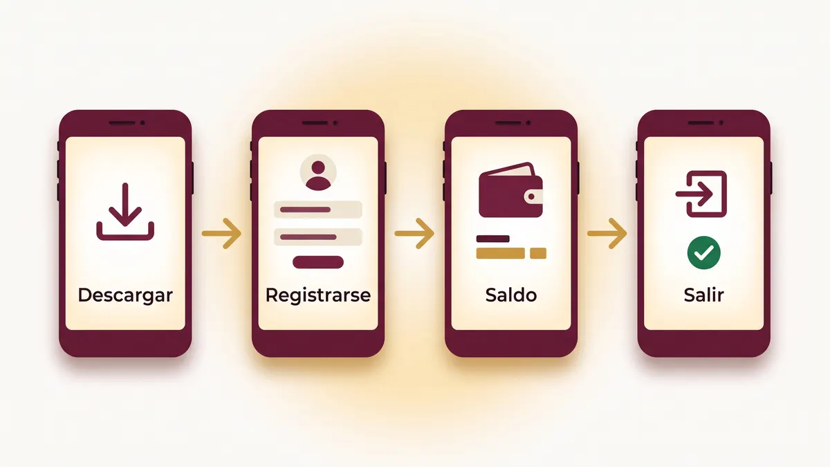 Cuatro pantallas de celular que muestran el flujo de la app: descargar, registrarse, consultar el saldo y salir