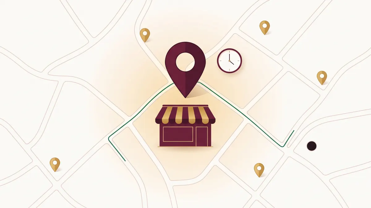 Mapa estilizado con varios pines dorados y un pin guinda resaltado sobre una sucursal bancaria con toldo y un reloj