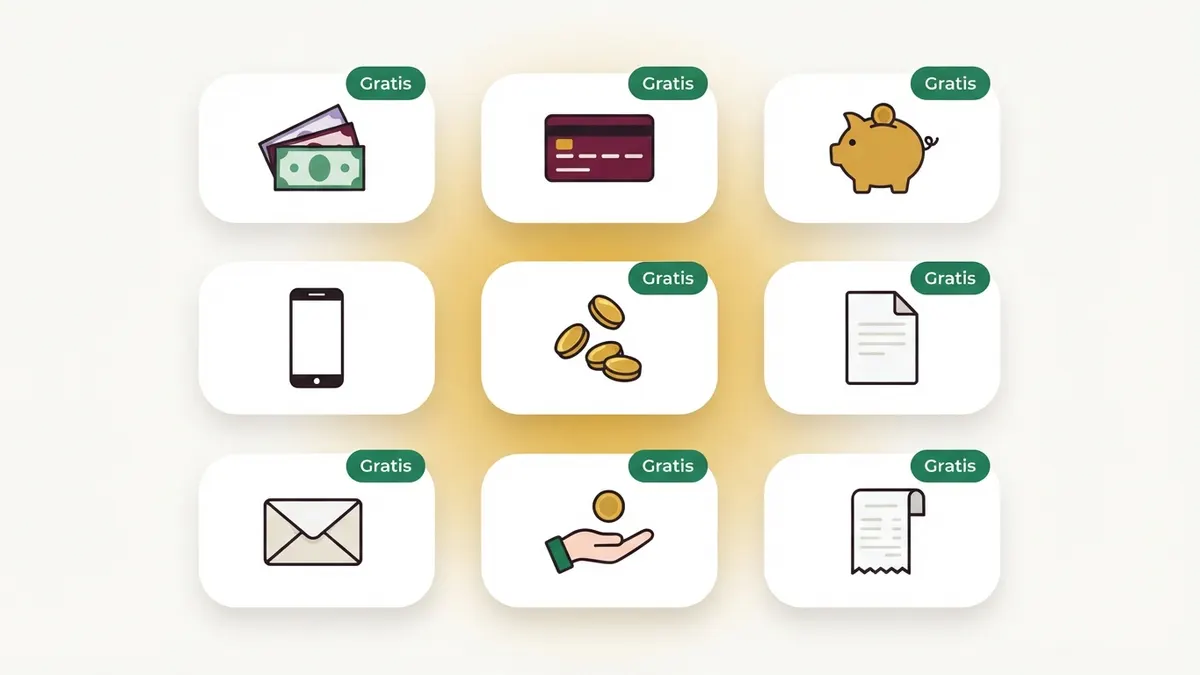 Infografía con nueve tarjetas de servicios del banco con iconos de billetes, tarjeta, alcancía, teléfono, monedas y documentos, varias marcadas con la etiqueta verde Gratis