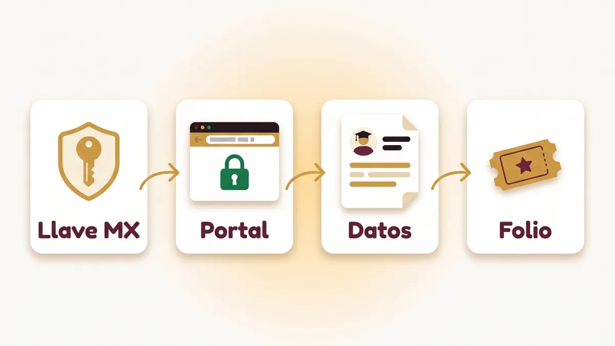 Diagrama de cuatro pasos del registro: cuenta Llave MX, portal oficial, datos del estudiante y folio de confirmación.