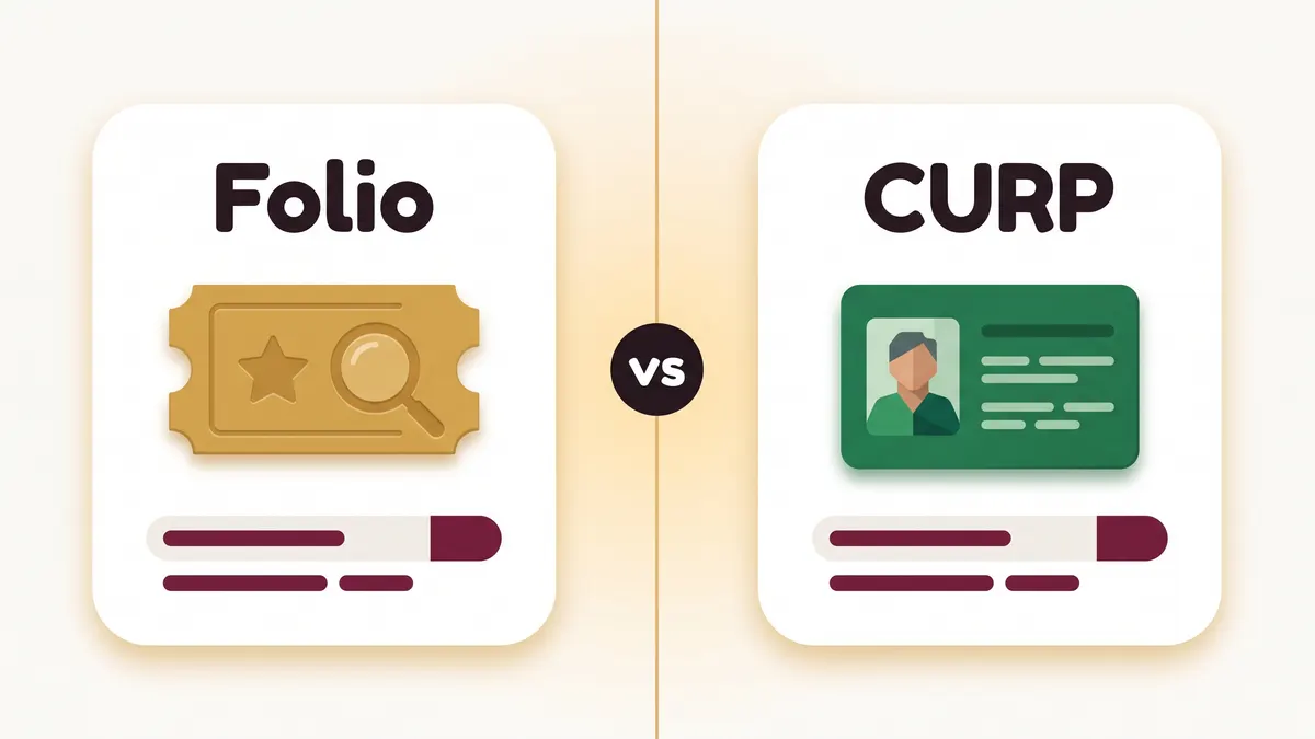 Comparativa visual de las dos rutas de consulta: buscar con el folio o buscar con la CURP del estudiante.