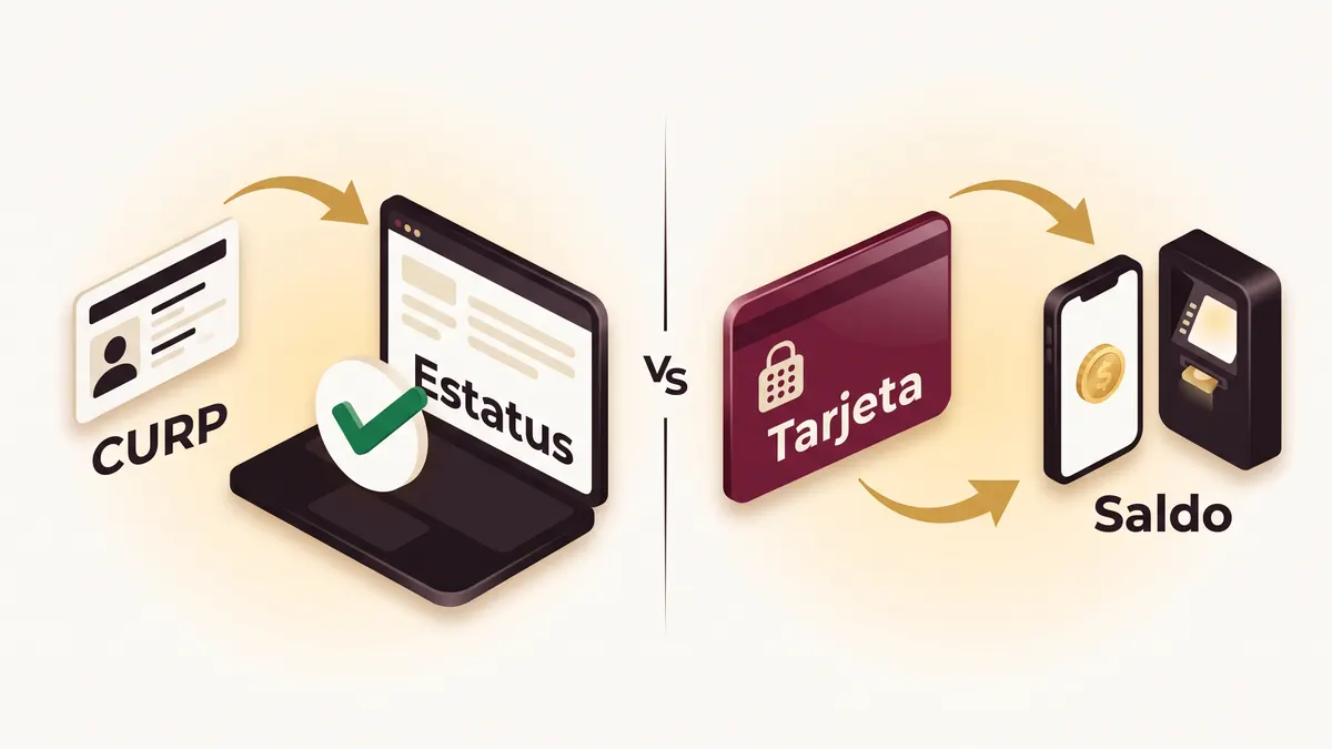 Diagrama de dos rutas: con la CURP se consulta el estatus del trámite en internet y con la tarjeta y el NIP se consulta el saldo