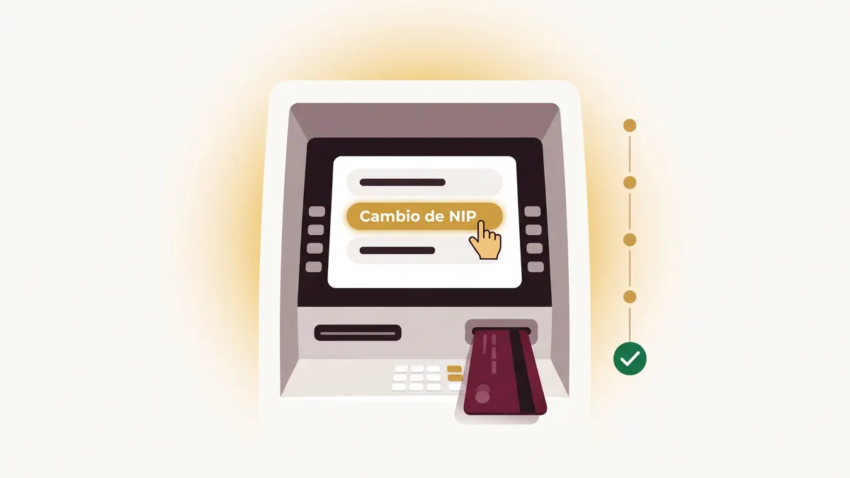 Cajero automático con la opción Cambio de NIP resaltada en el menú y una tarjeta insertada en la ranura