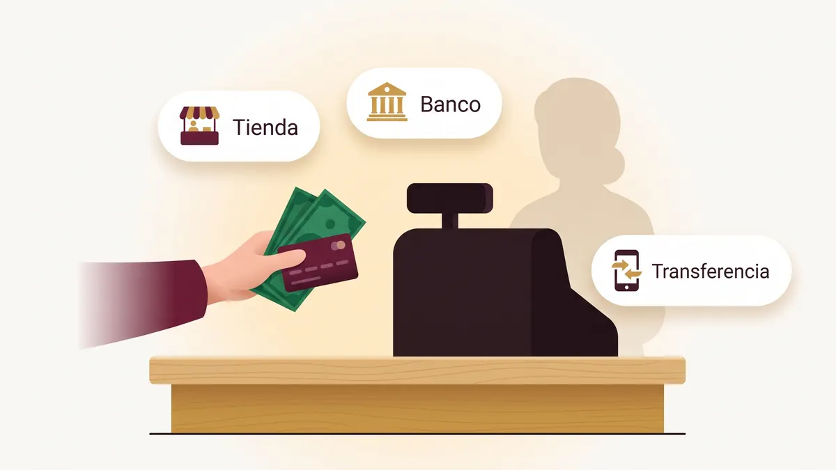Mano que entrega efectivo y tarjeta en el mostrador de una tienda, junto a los tres canales de depósito: tienda, banco y transferencia