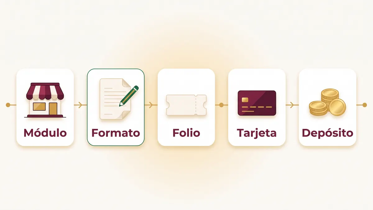 Línea de tiempo del registro en cinco pasos: módulo, formato, folio, tarjeta y primer depósito.