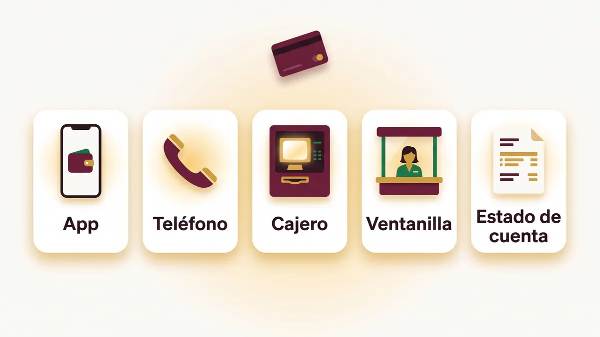 Ilustración con cinco tarjetas que muestran las formas de consultar el saldo: app, teléfono, cajero, ventanilla y estado de cuenta