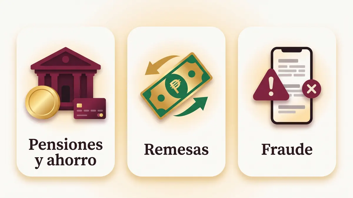 Esquema de tres paneles: banco para pensiones y ahorro, billete con flechas para remesas y teléfono con anuncio de crédito marcado como fraude
