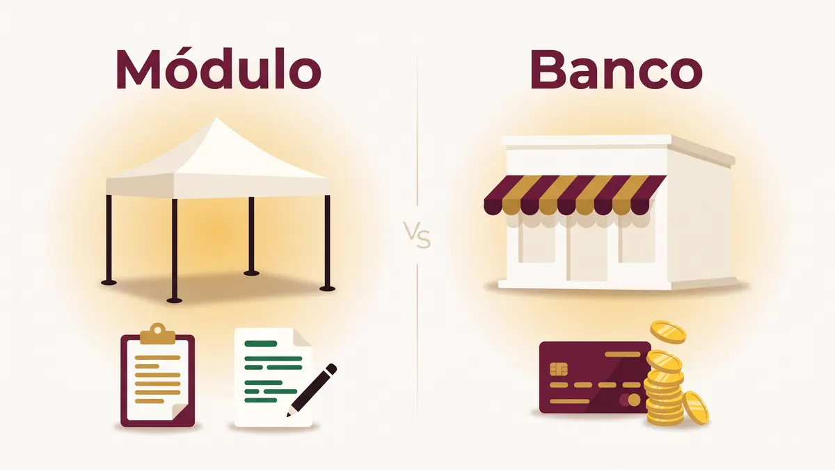 Comparación entre un módulo con carpa para el registro de programas y un edificio de banco para el dinero y la tarjeta