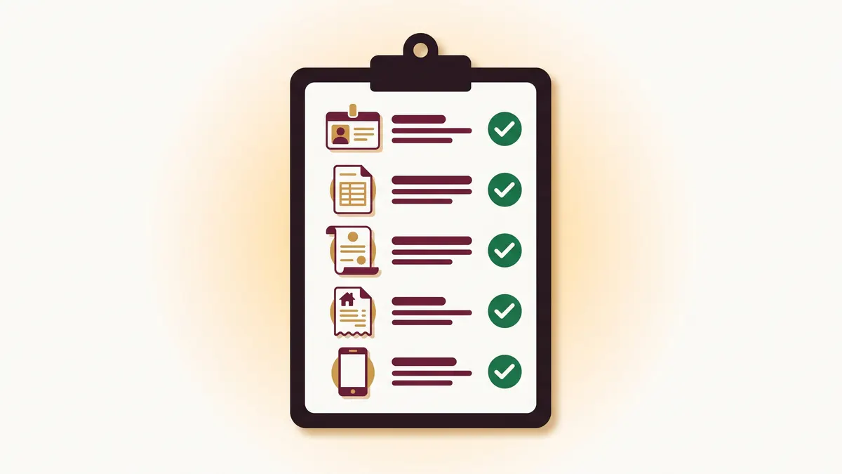 Checklist ilustrado en un portapapeles con los cinco documentos del trámite y una palomita verde en cada uno.
