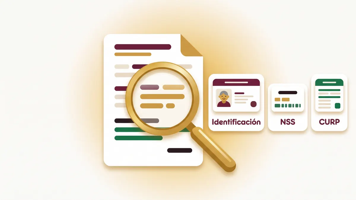 Documento con lupa dorada junto a los tres datos que debes llevar a la Subdelegación: identificación, NSS y CURP.