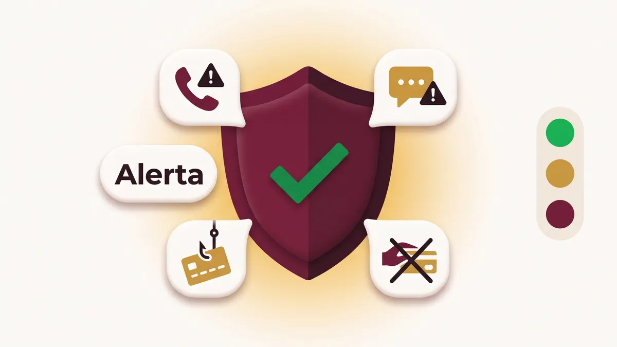 Escudo guinda con palomita verde rodeado de señales de alerta de fraude como llamadas, mensajes y robo de tarjeta