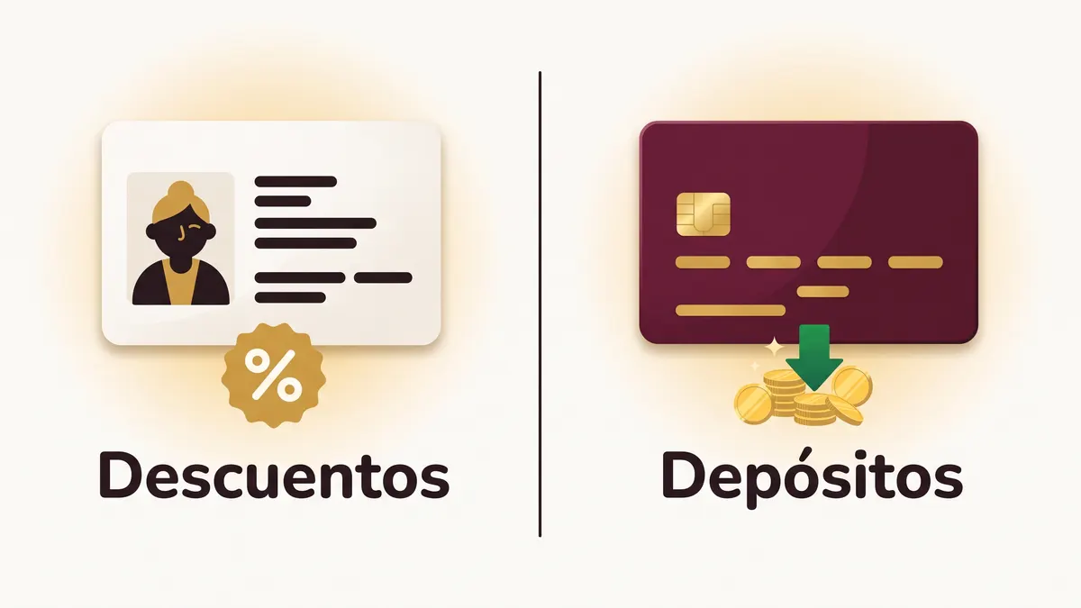 Dos tarjetas lado a lado: la credencial de descuentos y la tarjeta bancaria guinda que recibe los depósitos.