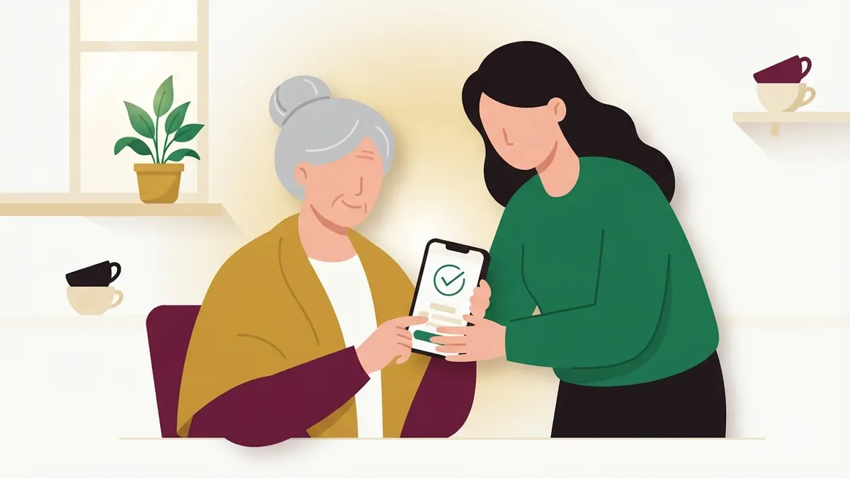 Ilustración cálida de una hija ayudando a su madre adulta mayor a usar la aplicación del banco en un teléfono con palomita verde, en la cocina