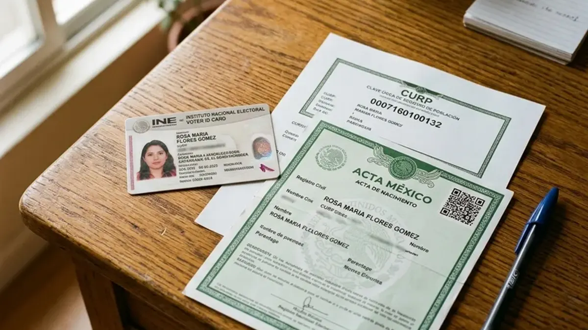 Ilustración plana de una credencial de identificación, una hoja de documento y un acta con marco decorativo sobre un escritorio, cada una con una palomita verde