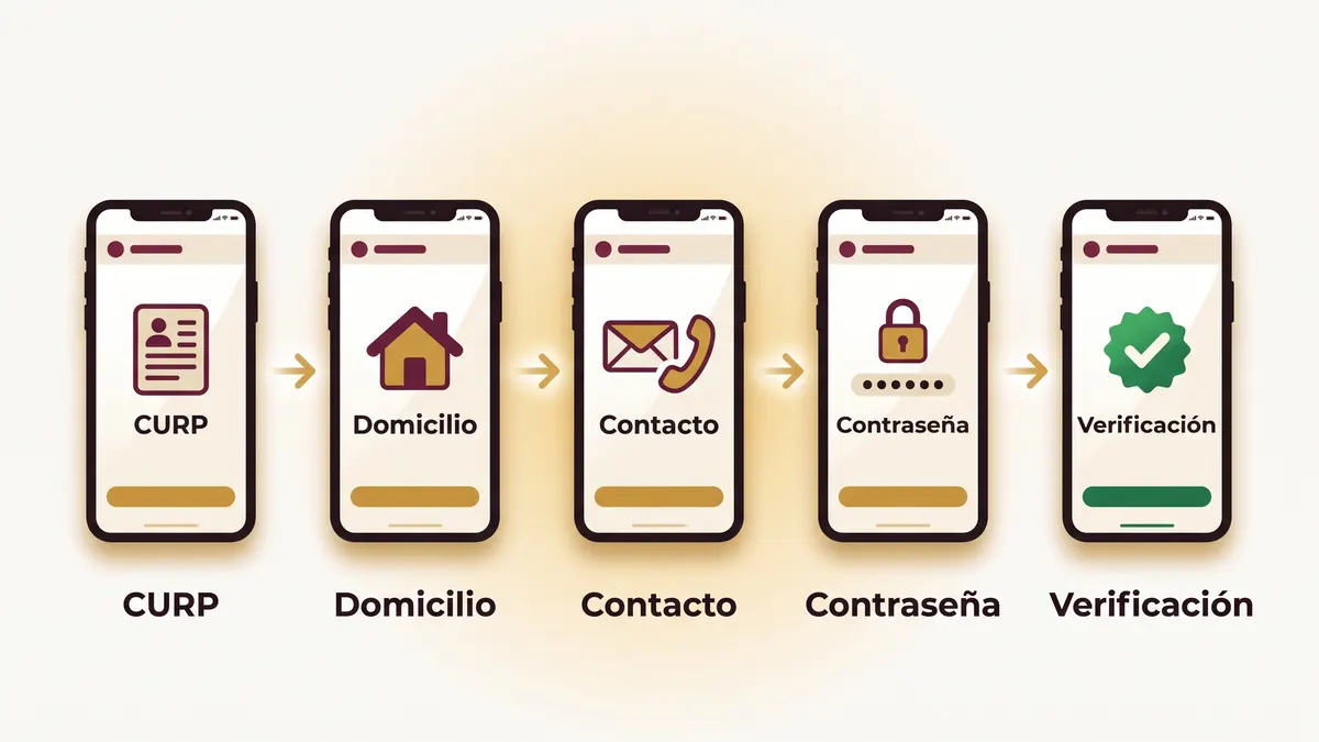 Secuencia de cinco pantallas del registro de la cuenta: CURP, domicilio, contacto, contraseña y verificación.
