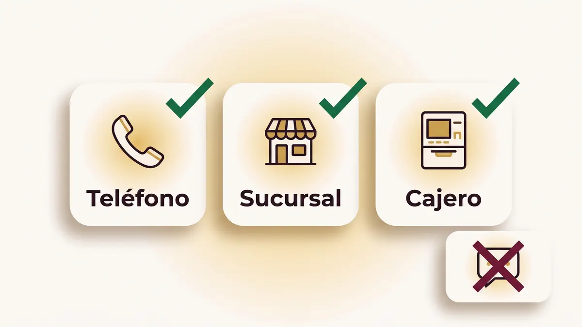 Ilustración de los tres canales oficiales para activar la tarjeta: teléfono, sucursal y cajero, con un mensaje tachado como canal no oficial