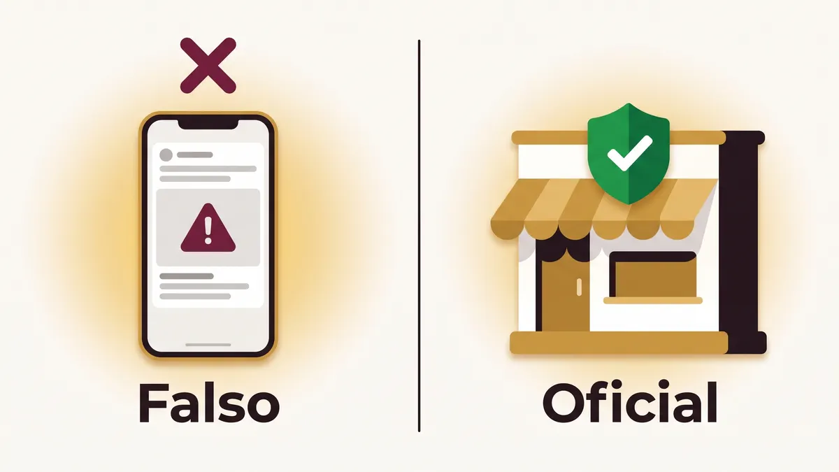 Comparación entre un anuncio falso de préstamo en un teléfono marcado con una equis y la palabra Falso, y una sucursal bancaria con escudo de verificación y la palabra Oficial