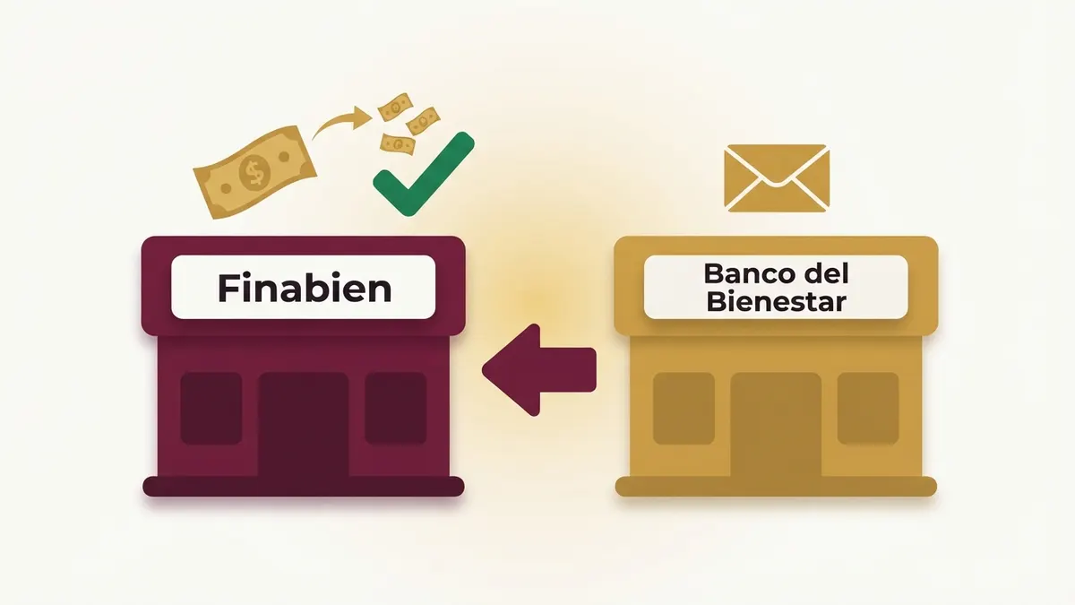 Ilustración de dos edificios, uno rotulado Finabien con palomita verde y billetes que se convierten, y otro rotulado Banco del Bienestar con un sobre, con una flecha que señala a Finabien