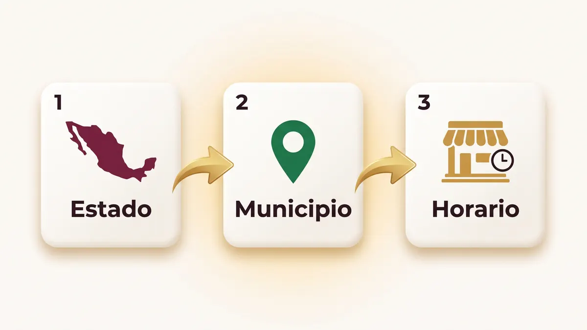 Tres pasos del directorio oficial de sucursales: elegir estado en el mapa de México, elegir municipio con un pin de ubicación y ver la sucursal con su horario
