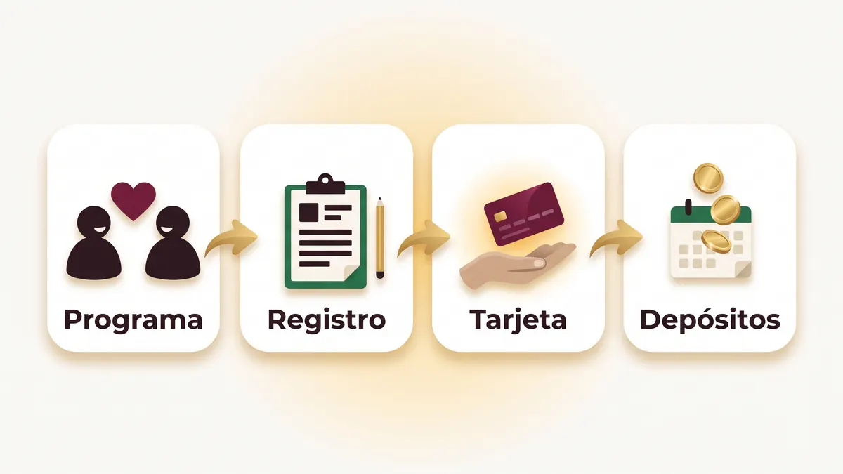 Diagrama de cuatro pasos: programa social, registro, entrega de la tarjeta y depósitos en el calendario