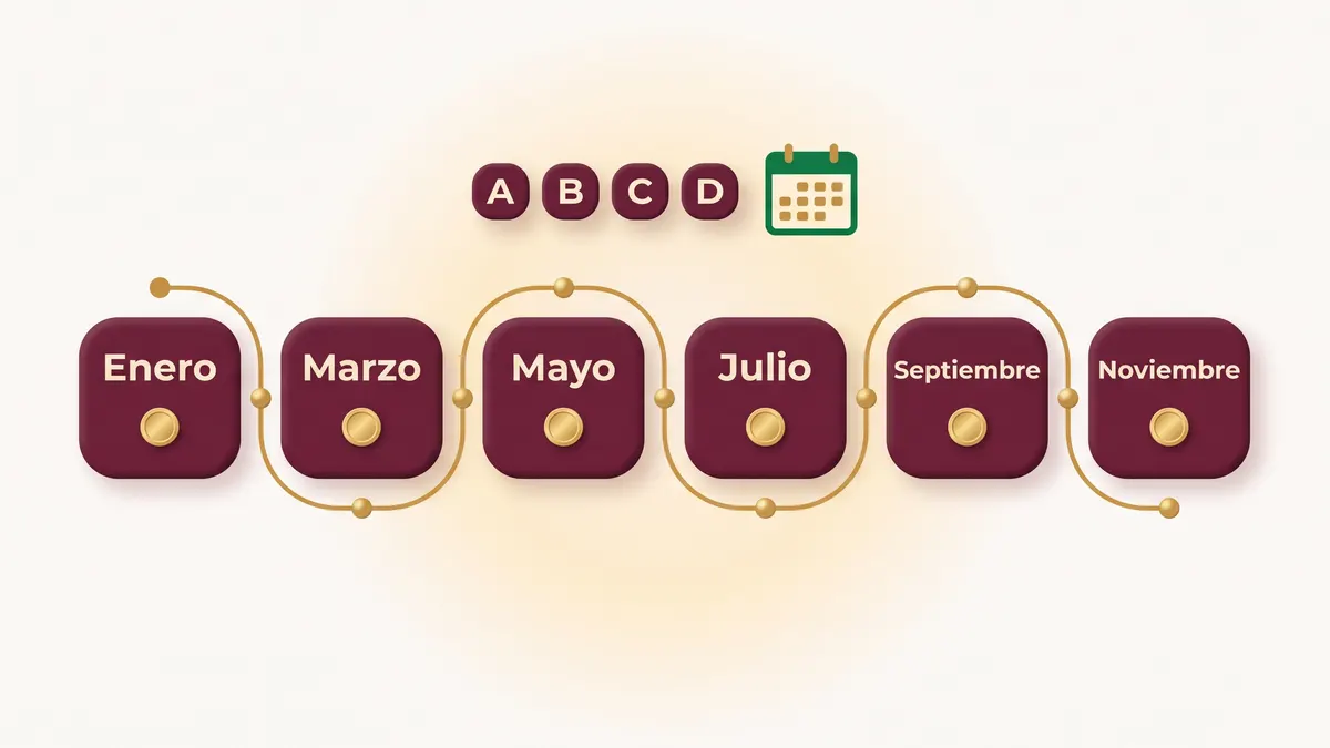 Línea de tiempo con los seis meses de pago bimestral y letras que representan el orden alfabético de los depósitos