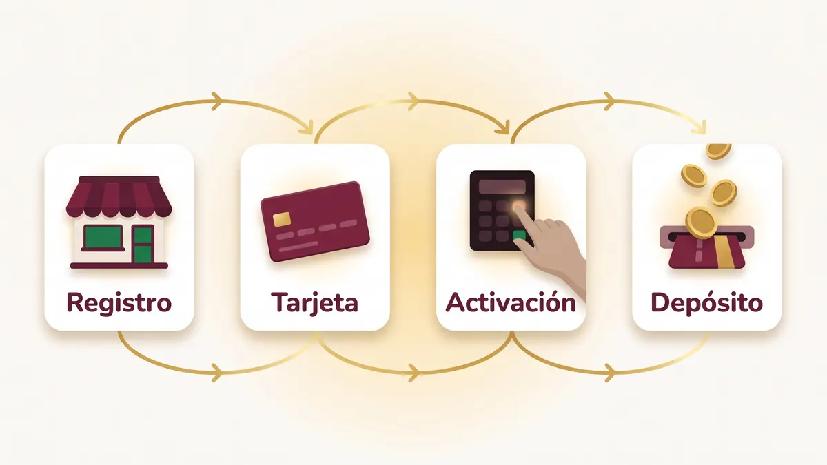 Línea de tiempo del trámite en cuatro pasos: registro en el módulo, entrega de la tarjeta, activación con NIP y primer depósito.