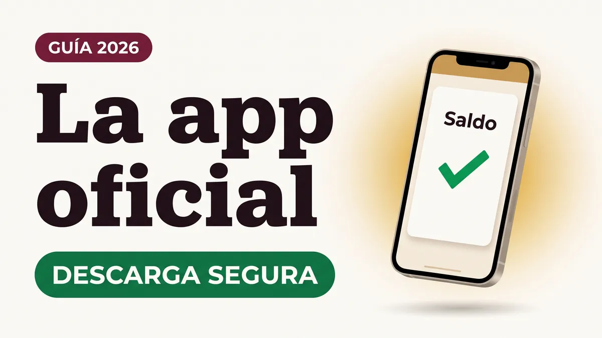 Ilustración de un teléfono con la palabra Saldo y una palomita verde con el texto La app oficial y la etiqueta DESCARGA SEGURA