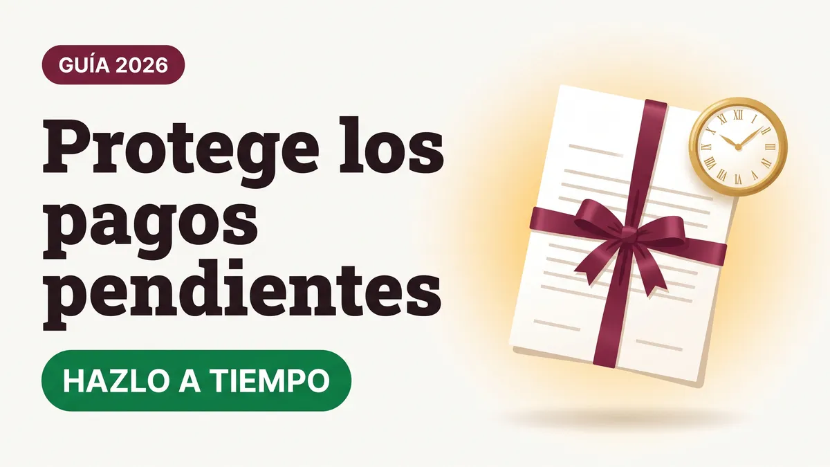 Ilustración serena de un documento con listón color vino y un reloj dorado con el texto Protege los pagos pendientes y la etiqueta HAZLO A TIEMPO