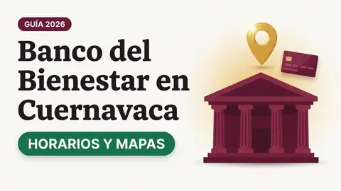 Ilustración de una fachada de banco con columnas, un pin de mapa dorado y una tarjeta del Bienestar con el texto Banco del Bienestar en Cuernavaca y la etiqueta HORARIOS Y MAPAS