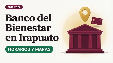 Ilustración de una fachada de banco con columnas en color vino, un pin de mapa dorado y una tarjeta del Bienestar con el texto Banco del Bienestar en Irapuato y la etiqueta HORARIOS Y MAPAS