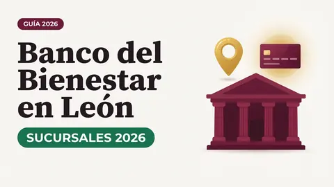 Ilustración de una fachada de banco con columnas en color vino, un pin de mapa dorado y una tarjeta del Bienestar con el texto Banco del Bienestar en León y la etiqueta SUCURSALES 2026