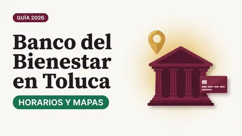 Ilustración de una fachada de banco con columnas en color vino, un pin de mapa dorado y una tarjeta del Bienestar con el texto Banco del Bienestar en Toluca y la etiqueta HORARIOS Y MAPAS