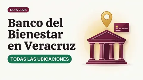 Ilustración de una fachada de banco con columnas, un pin de mapa dorado y una tarjeta del Bienestar con el texto Banco del Bienestar en Veracruz y la etiqueta TODAS LAS UBICACIONES