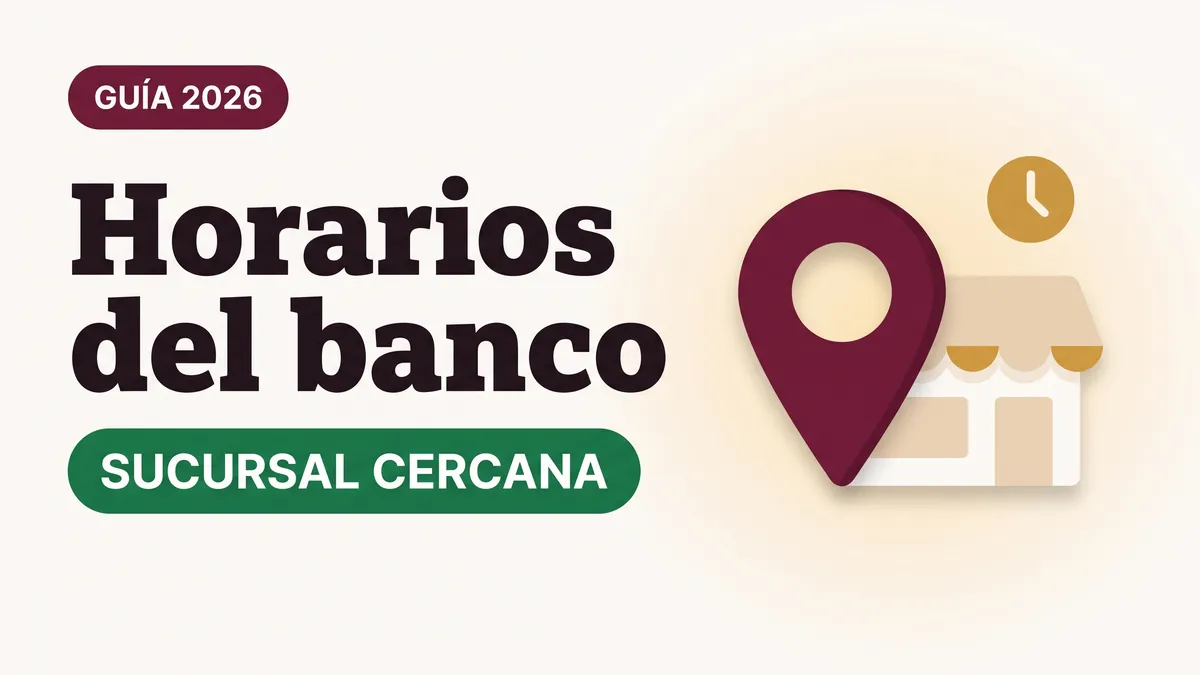Ilustración de un pin de ubicación, un reloj y una fachada de sucursal con el texto Horarios del banco y la etiqueta SUCURSAL CERCANA