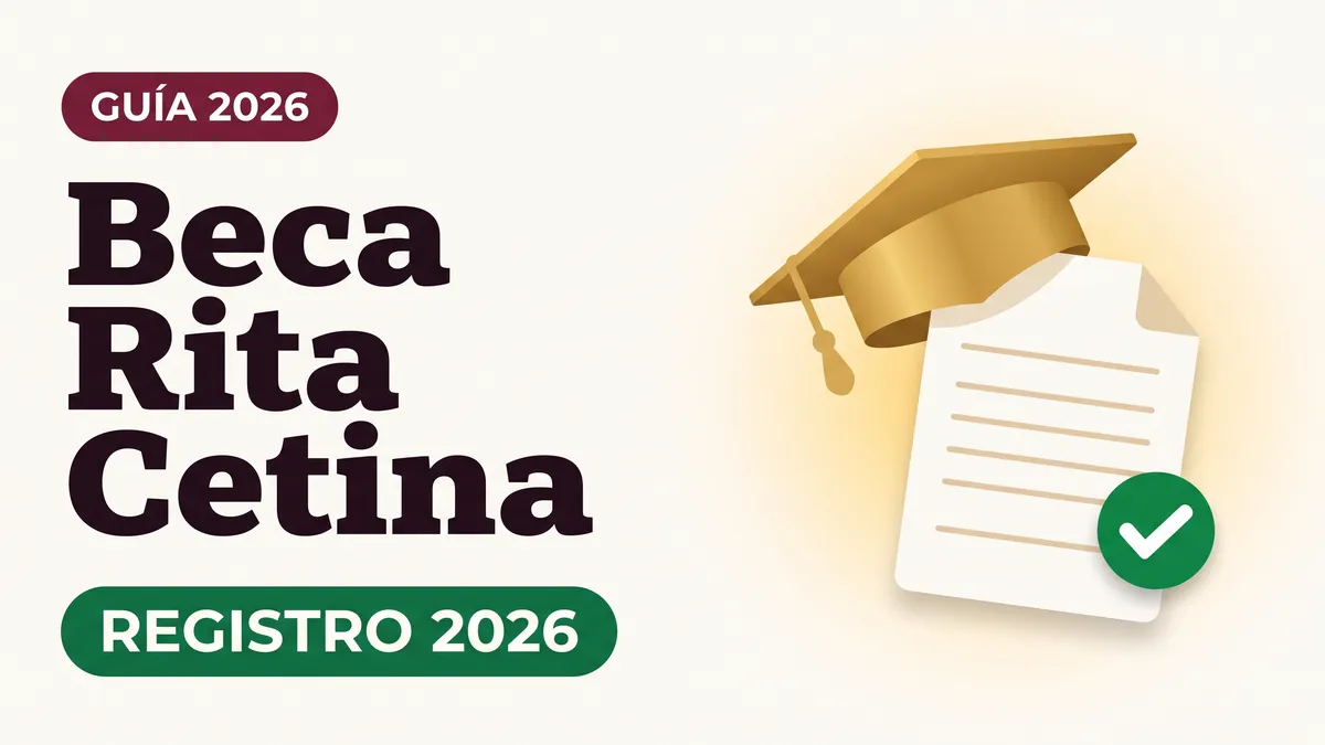 Ilustración de un birrete dorado sobre un formulario con palomita verde con el texto Beca Rita Cetina y la etiqueta REGISTRO 2026