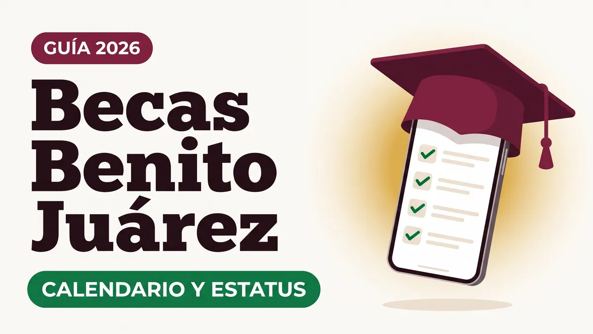 Ilustración de un birrete color vino sobre un teléfono con lista de palomitas verdes con el texto Becas Benito Juárez y la etiqueta CALENDARIO Y ESTATUS