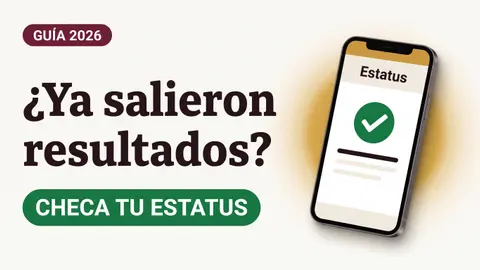 Ilustración de un teléfono con la palabra Estatus y una palomita verde con el texto Ya salieron resultados y la etiqueta CHECA TU ESTATUS