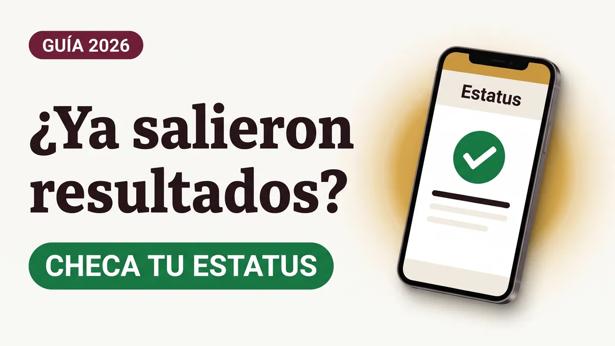 Ilustración de un teléfono con la palabra Estatus y una palomita verde con el texto Ya salieron resultados y la etiqueta CHECA TU ESTATUS