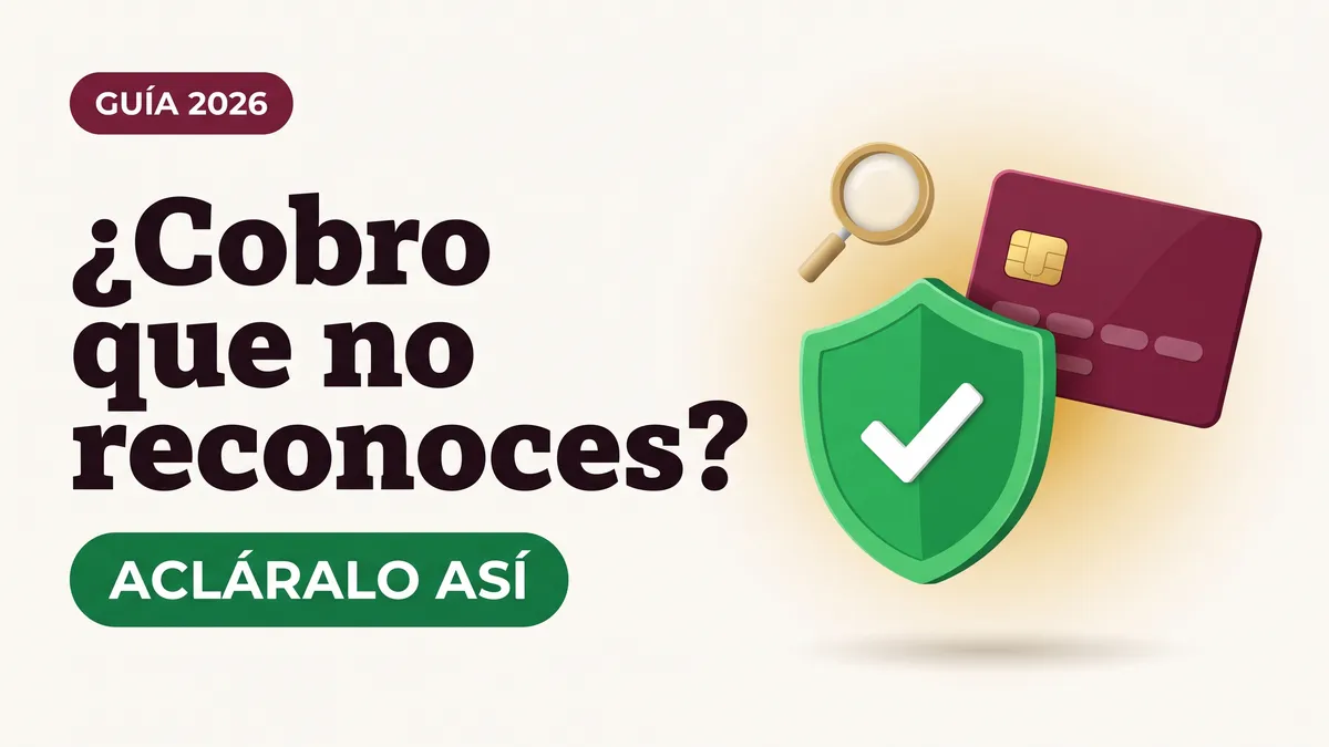 Ilustración de un escudo verde con palomita, una lupa y una tarjeta color vino con el texto Cobro que no reconoces y la etiqueta ACLÁRALO ASÍ