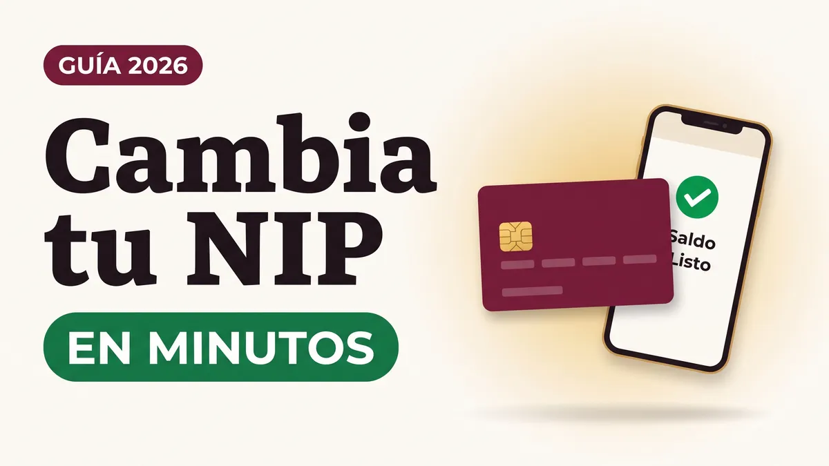Ilustración de una tarjeta del Bienestar y un teléfono con palomita verde con el texto Cambia tu NIP y la etiqueta EN MINUTOS