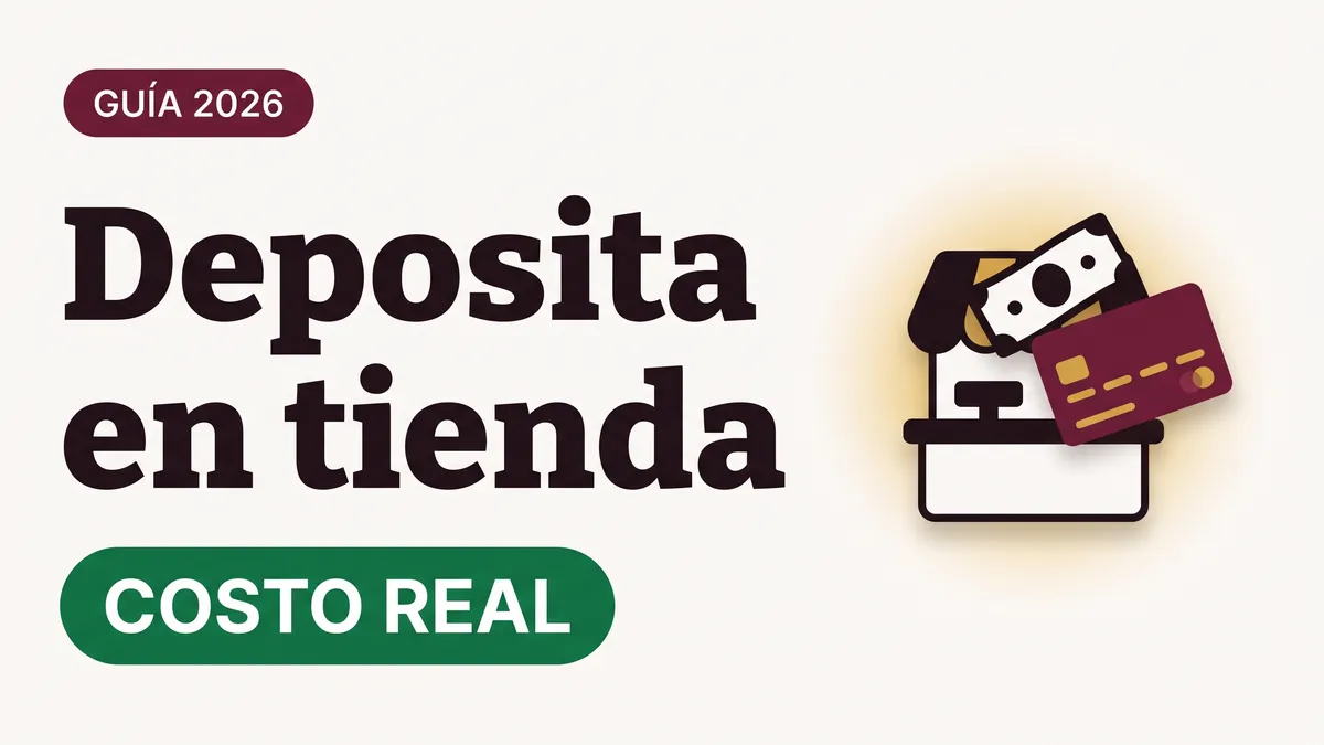 Ilustración de un mostrador de tienda con un billete y una tarjeta del Bienestar con el texto Deposita en tienda y la etiqueta COSTO REAL
