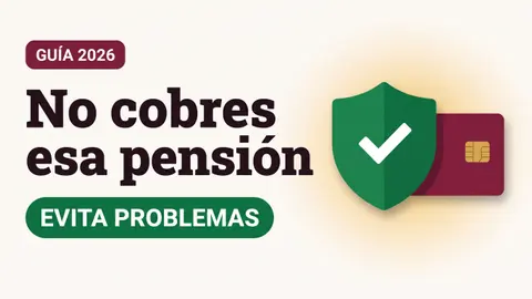 Ilustración de un escudo verde con palomita y una tarjeta del Bienestar con el texto No cobres esa pensión y la etiqueta EVITA PROBLEMAS
