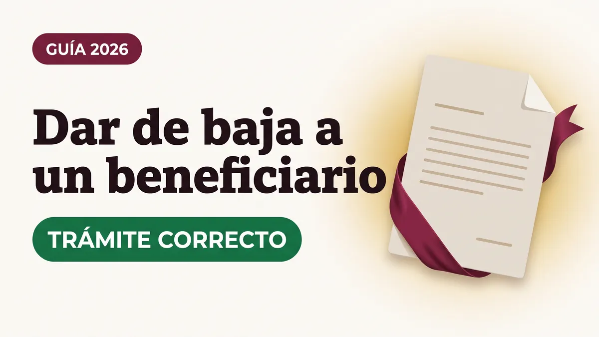 Ilustración serena de un documento con listón color vino con el texto Dar de baja a un beneficiario y la etiqueta TRÁMITE CORRECTO