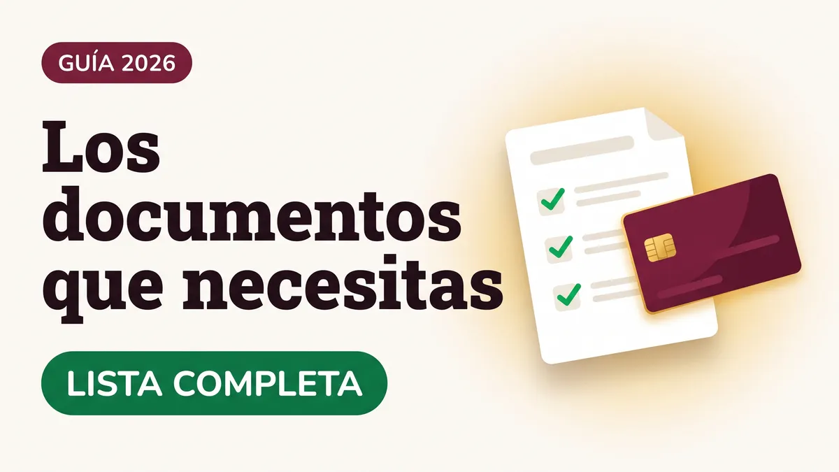 Ilustración de una lista de documentos con palomitas verdes y una tarjeta del Bienestar con el texto Los documentos que necesitas y la etiqueta LISTA COMPLETA