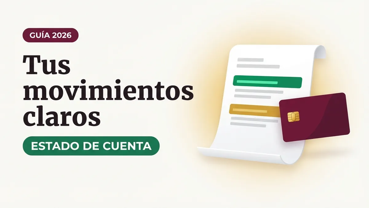 Ilustración de una hoja de estado de cuenta con renglones resaltados en verde y dorado junto a una tarjeta color vino, con el texto Tus movimientos claros y la etiqueta ESTADO DE CUENTA