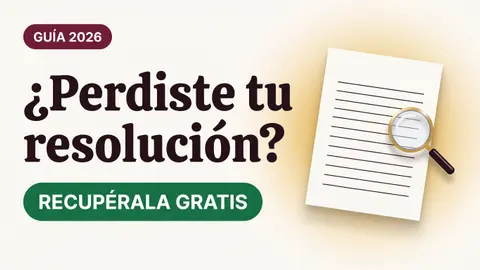 Ilustración de un documento con una lupa dorada con el texto Perdiste tu resolución y la etiqueta RECUPÉRALA GRATIS