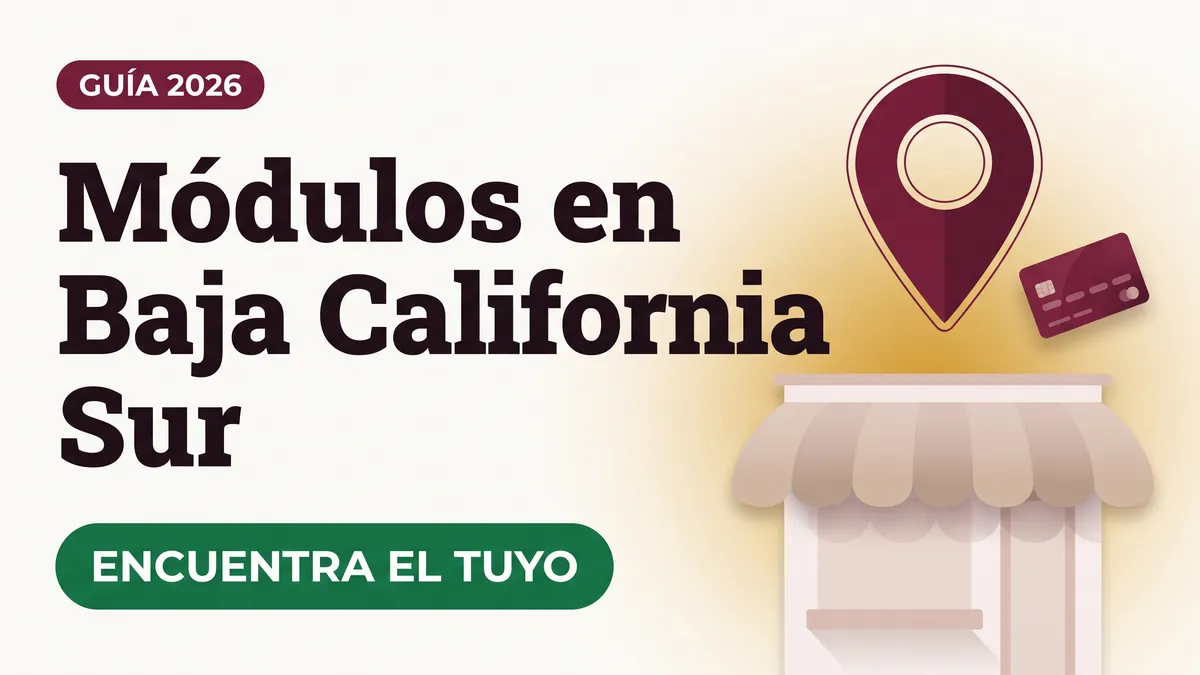 Ilustración de un pin de ubicación sobre una fachada de módulo con toldo y una tarjeta del Bienestar con el texto Módulos en Baja California Sur y la etiqueta ENCUENTRA EL TUYO